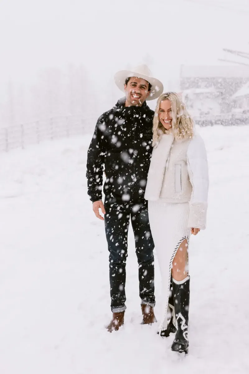 French Alps ski wedding French destination groom with cowboy hat