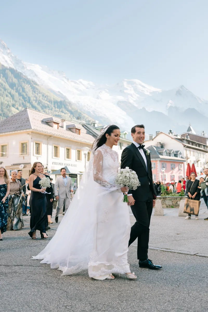 French Alps Chamonix mountains wedding Mont Blanc view couple cortege